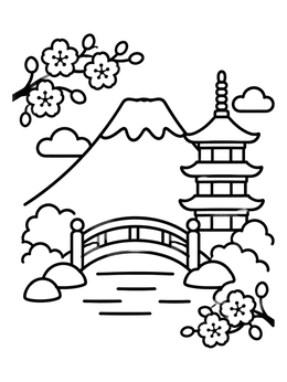 Free printable Mount Fuji With Pagoda And Garden Bridge coloring page