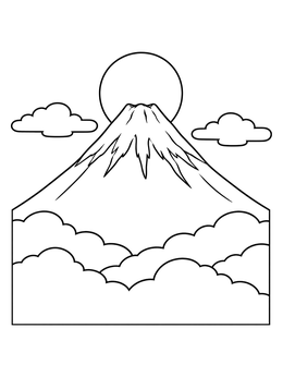 Snow-capped Mount Fuji and the sun on this japan coloring page.