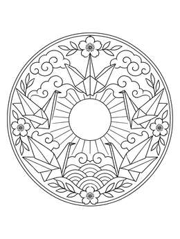 Circular japan coloring page featuring folded origami cranes, a rising sun, clouds, and cherry blossoms.