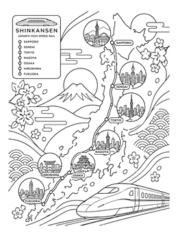 A detailed Shinkansen japan coloring page showing the bullet train route across Japanese landmarks.