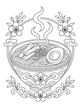 Steaming bowl of ramen with egg and toppings on this japan coloring page.