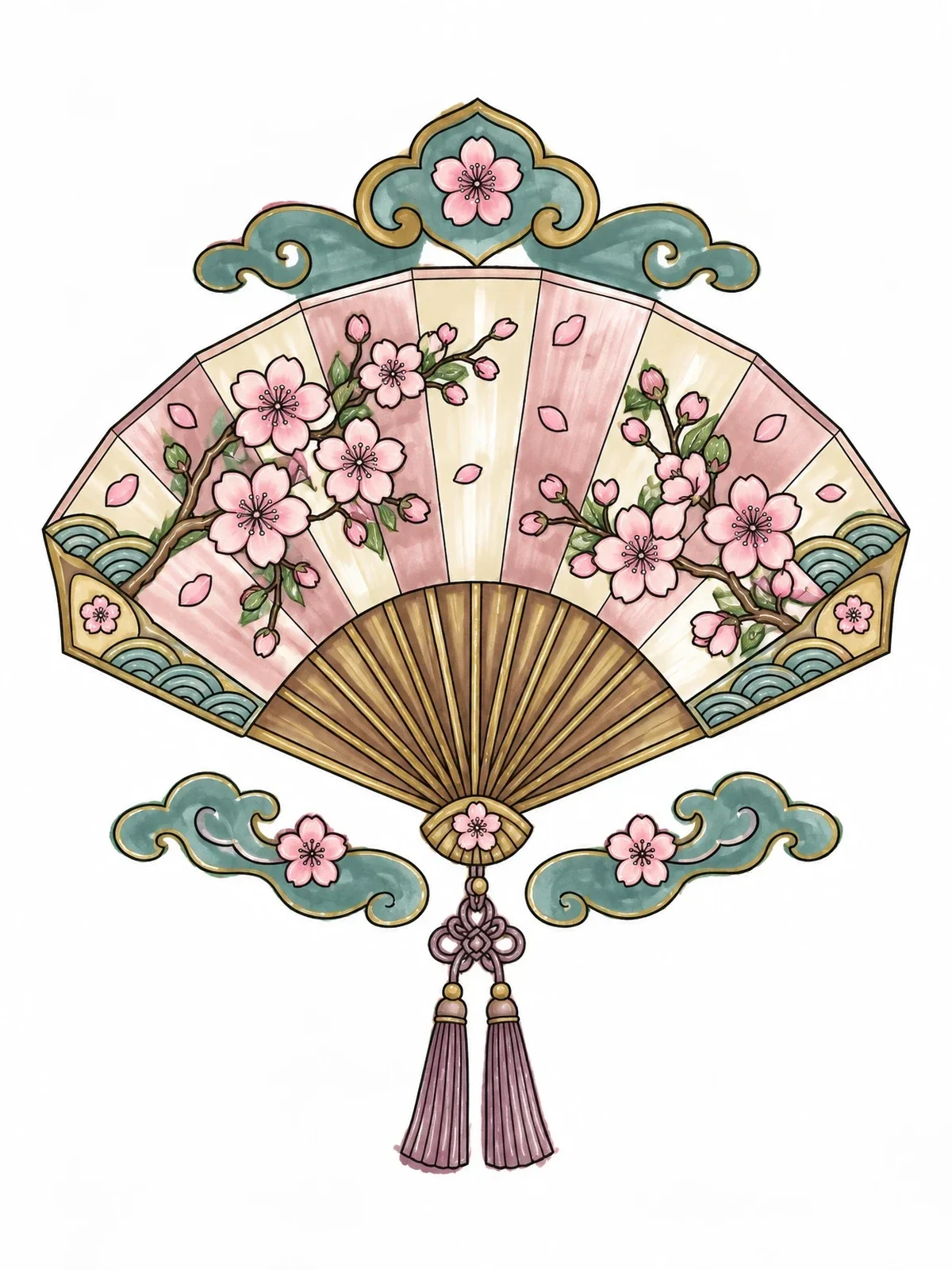 Colored example of the Japanese Fan With Cherry Blossoms coloring page