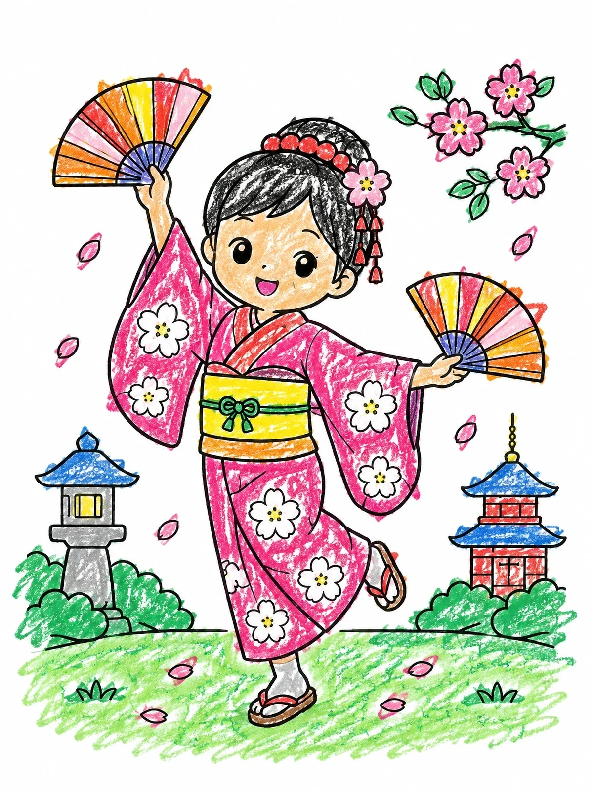 Colored example of the Japanese Fan Dancer With Kimono coloring page