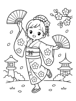 Free printable Japanese Fan Dancer With Kimono coloring page