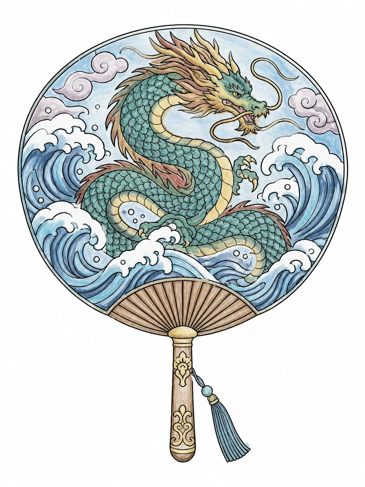 Colored example of the Japanese Uchiwa Fan With Dragon And Waves coloring page