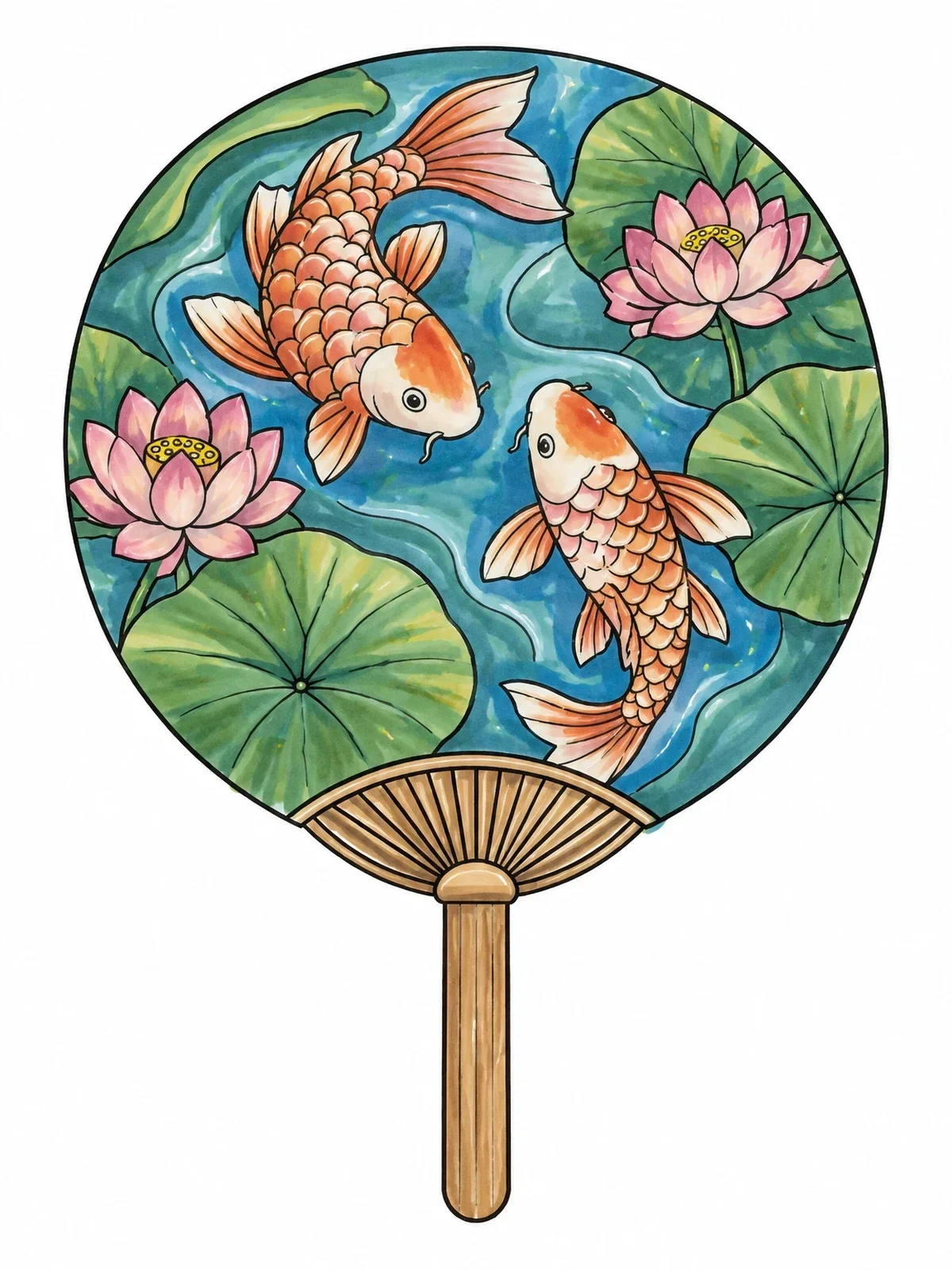 Colored example of the Japanese Uchiwa Fan With Koi Fish coloring page