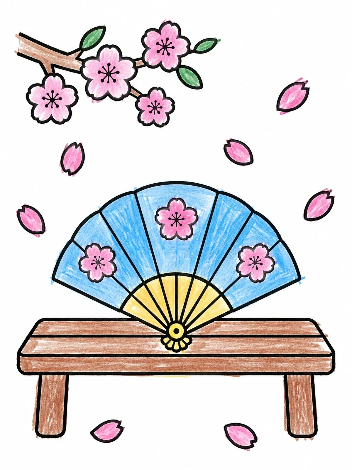 Colored example of the Japanese Fan On Wooden Bench coloring page