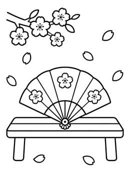 Free printable Japanese Fan On Wooden Bench coloring page