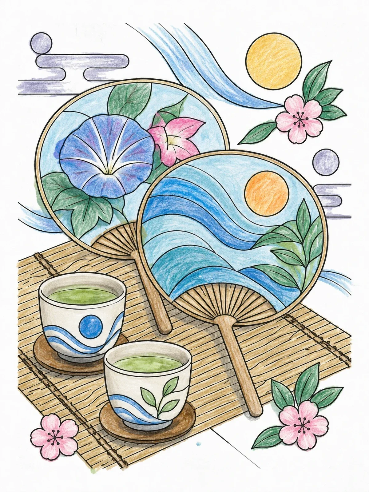 Colored example of the Round Summer Fans And Tea Cups coloring page