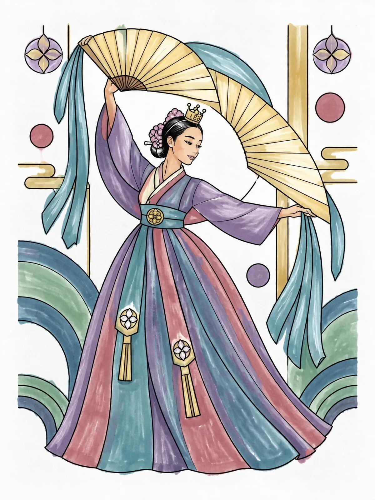 Colored example of the Traditional Fan Dancer In Flowing Robes coloring page