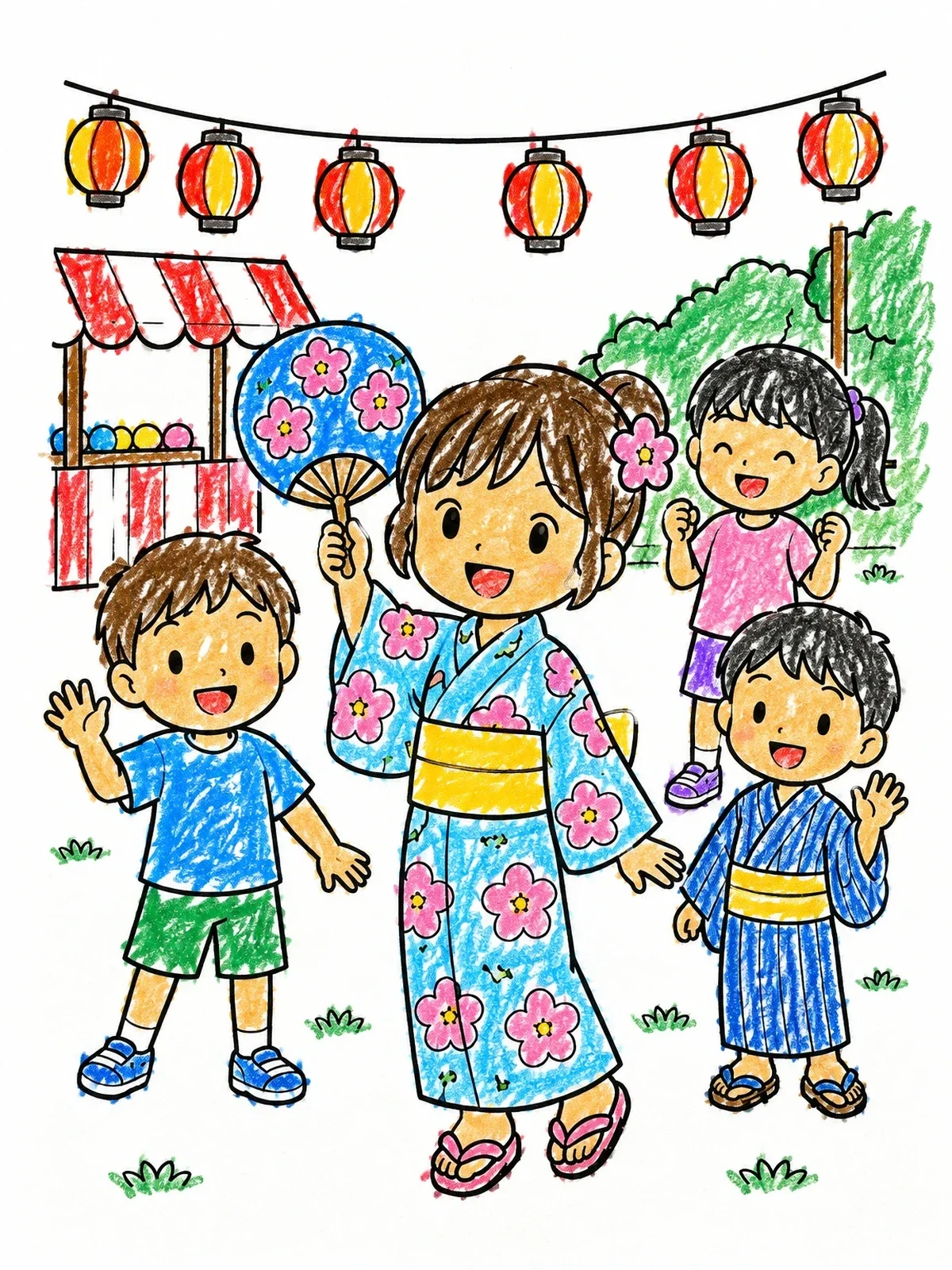 Colored example of the Japanese Summer Festival With Fan coloring page