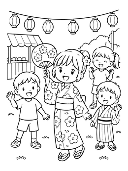 Free printable Japanese Summer Festival With Fan coloring page