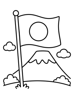 A simple japan coloring page showing the national flag waving near Mount Fuji.