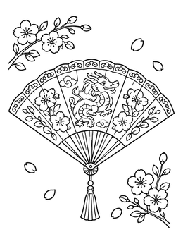 Free printable Decorative Fan With Friendly Dragon coloring page