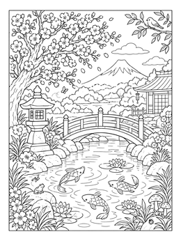 Free printable Japanese Garden With Cherry Blossoms And Koi coloring page
