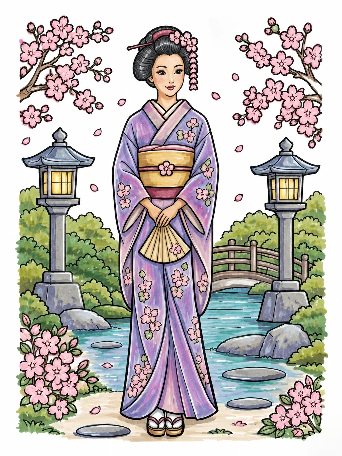 Colored example of the Japanese Geisha In Cherry Blossom Garden coloring page