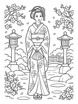 Free printable Japanese Geisha In Cherry Blossom Garden coloring page
