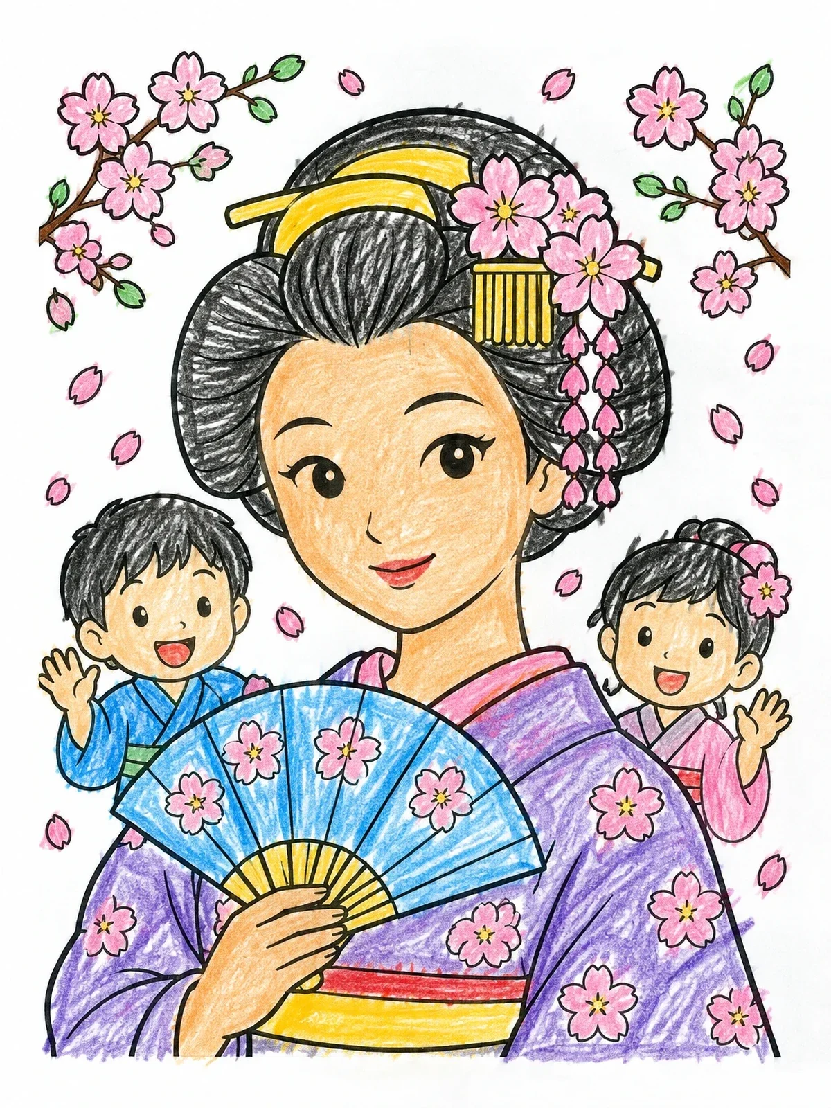Colored example of the Japanese Geisha With Cheerful Children coloring page