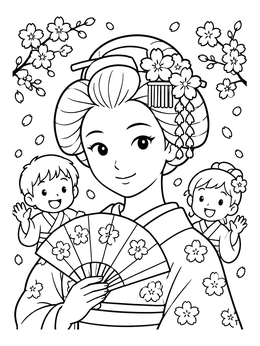 Free printable Japanese Geisha With Cheerful Children coloring page