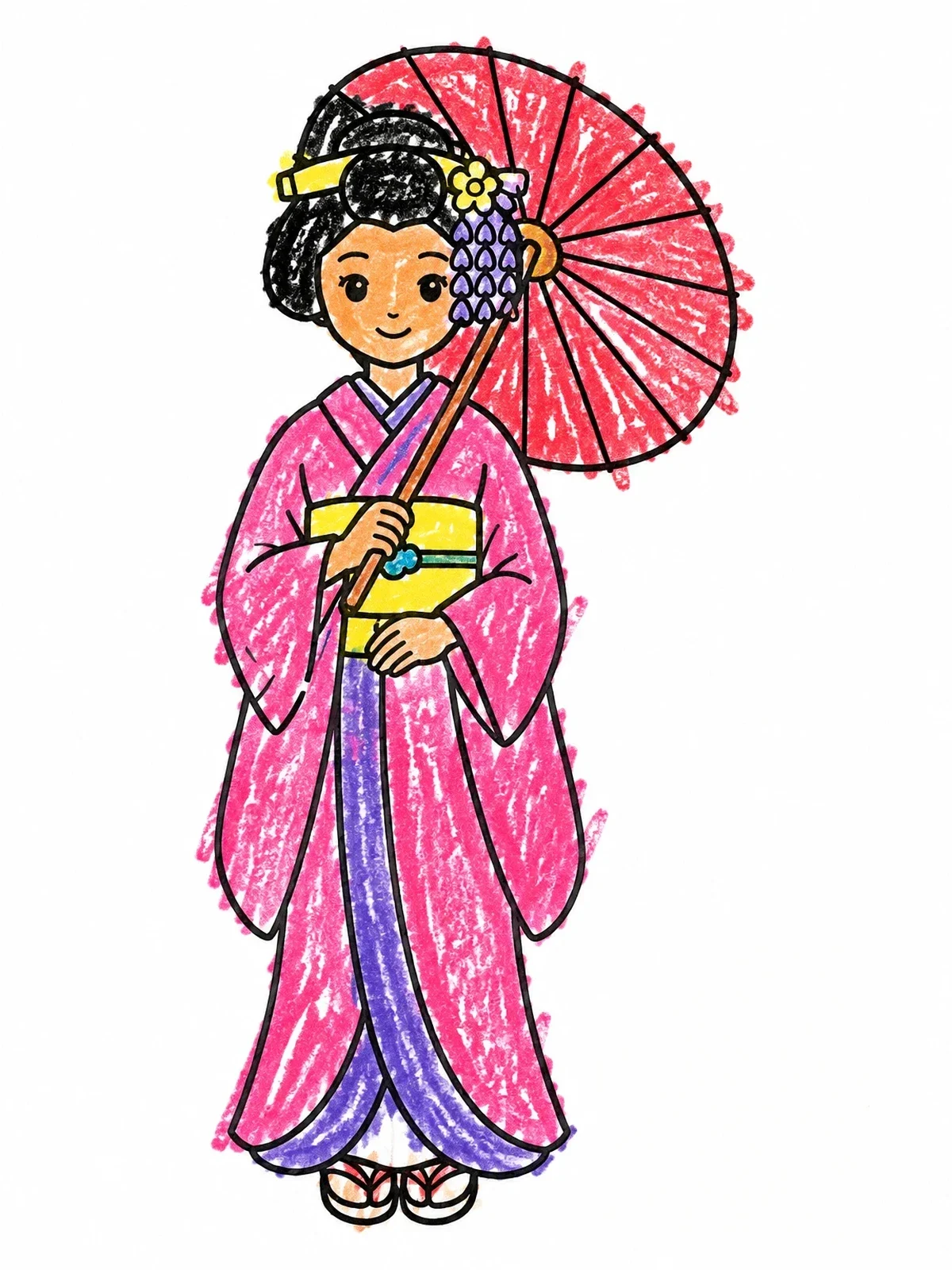 Colored example of the Japanese Geisha With Parasol coloring page