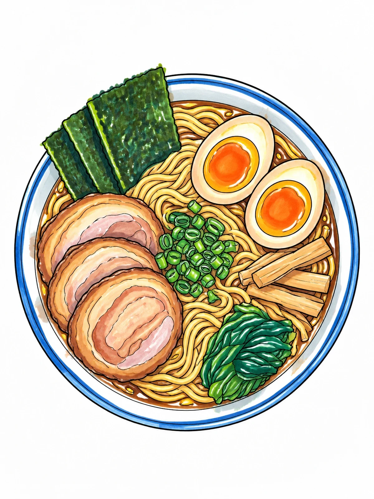 Colored example of the Japanese Ramen Bowl Top View coloring page