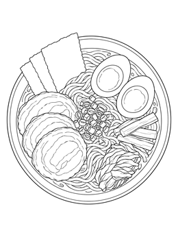 Top-down view of noodles and toppings in this detailed ramen coloring page.