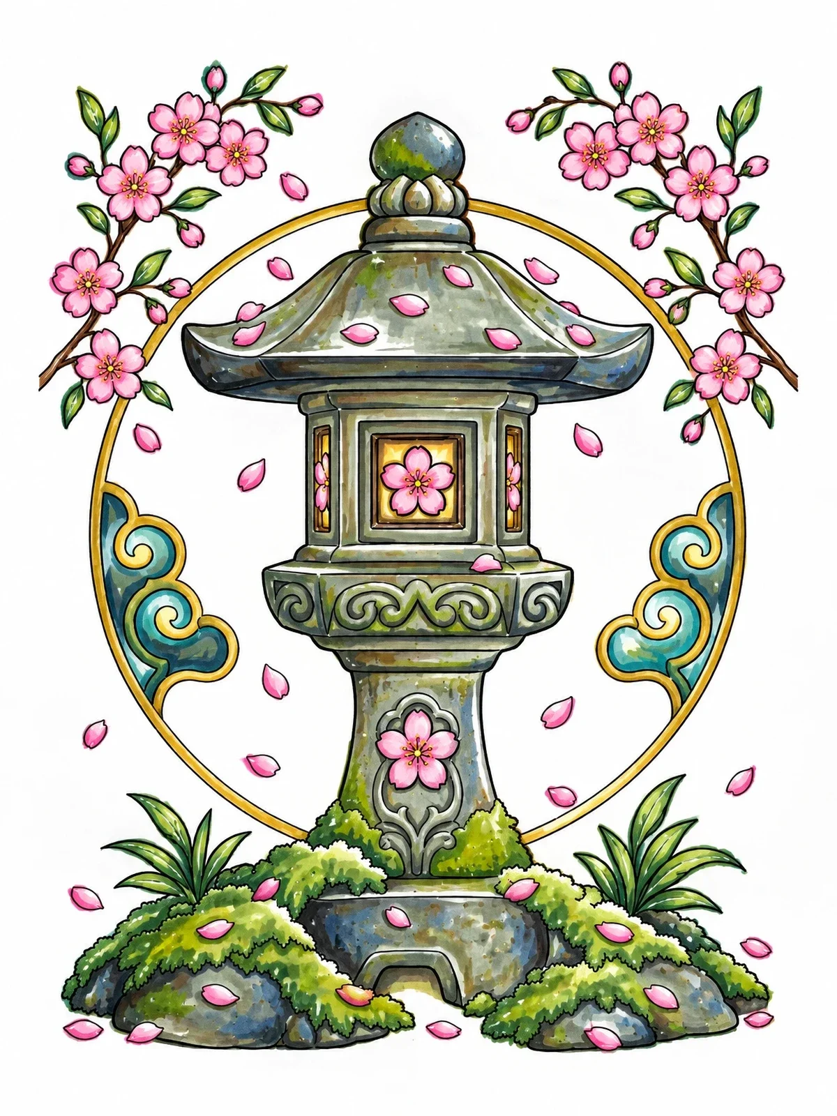 Colored example of the Japanese Stone Lantern With Cherry Blossoms coloring page