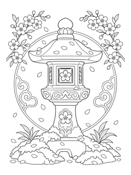 Free printable Japanese Stone Lantern With Cherry Blossoms coloring page