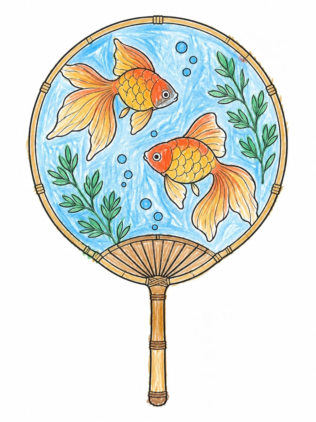 Colored example of the Japanese Uchiwa Fan With Swimming Goldfish coloring page