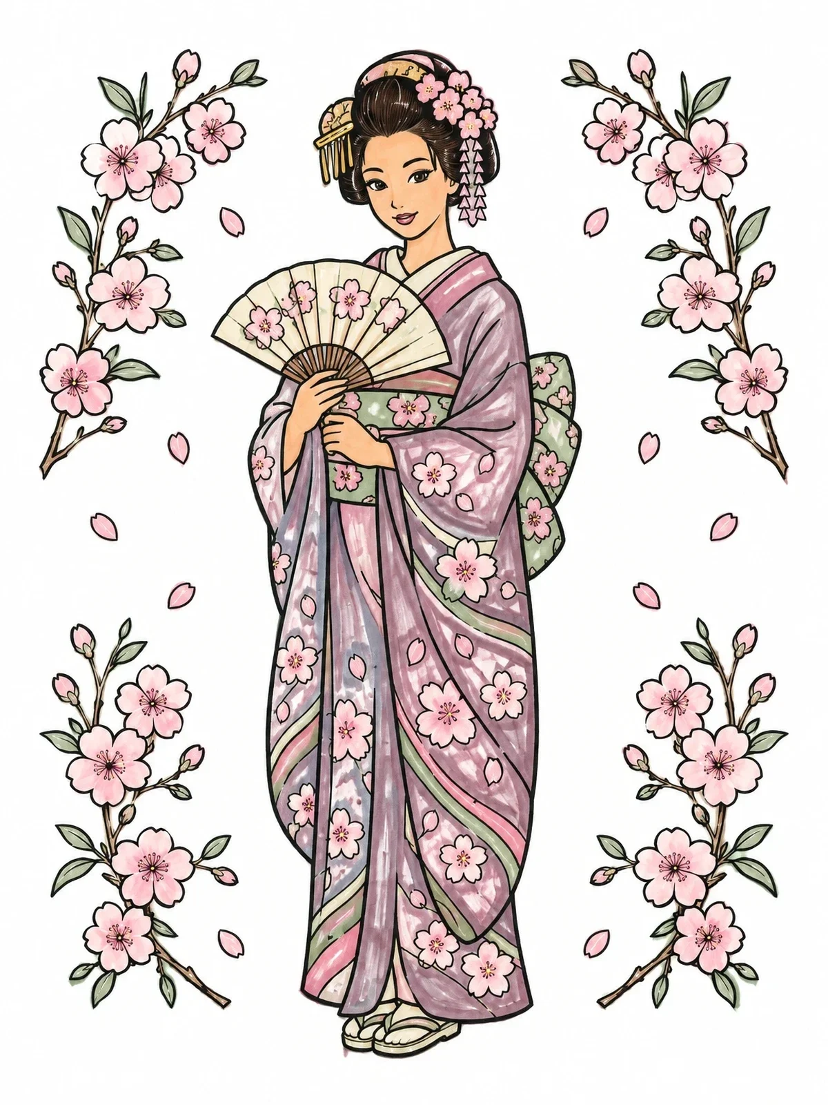 Colored example of the Japanese Woman Holding A Folding Fan coloring page