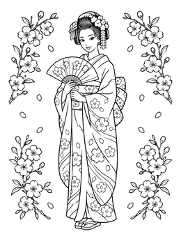 Free printable Japanese Woman Holding A Folding Fan coloring page