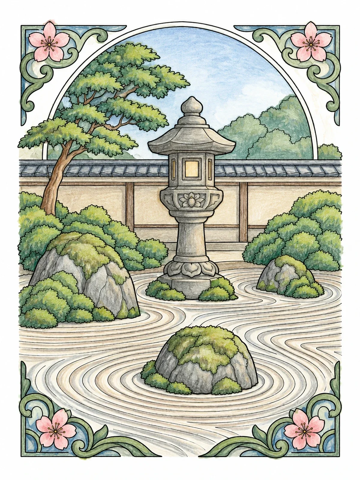 Colored example of the Japanese Zen Garden With Stone Lantern coloring page