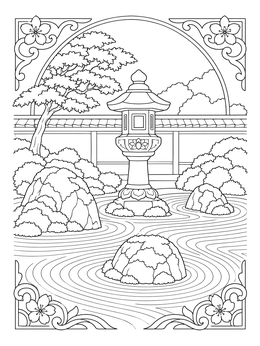 A serene Japanese zen garden coloring page with raked sand swirls, mossy rocks, and a pagoda lantern.