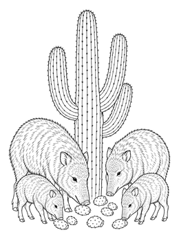 A family of javelinas eating fallen fruit on this saguaro cactus coloring page.