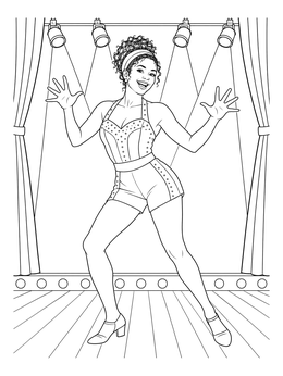A smiling performer strikes a jazz hands pose in this dance coloring page.