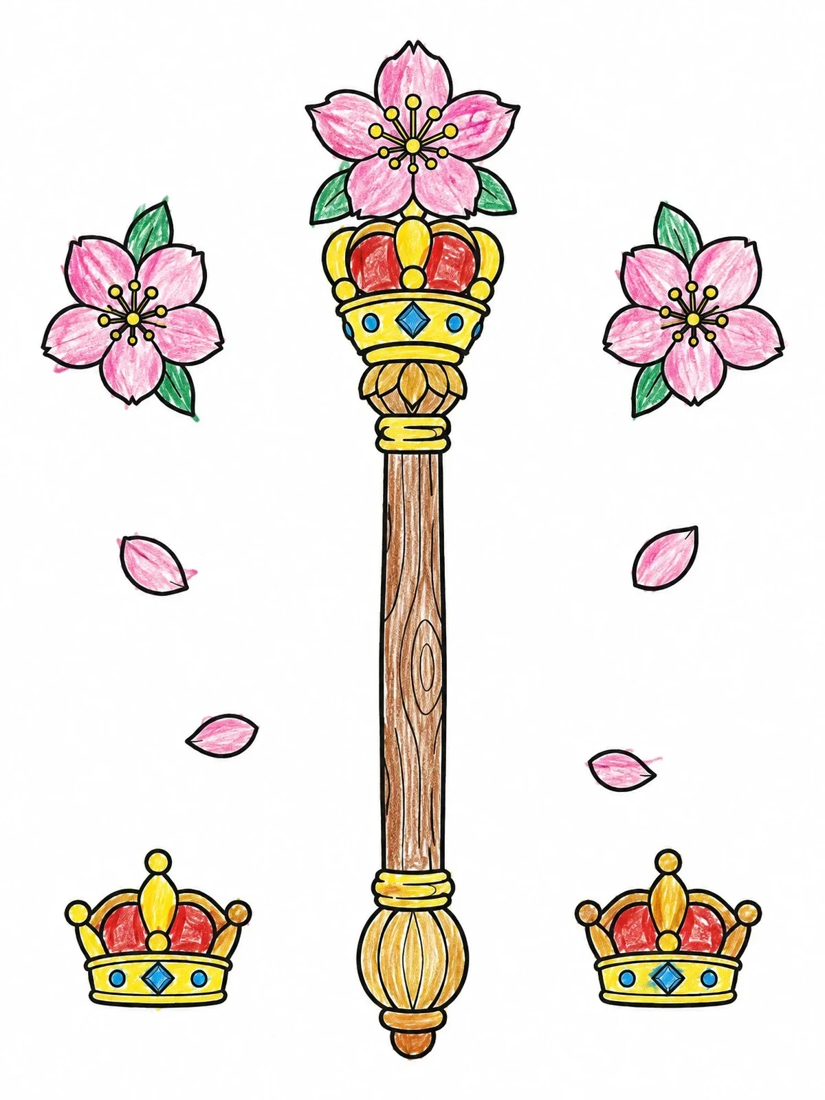 Colored example of the Royal Wooden Scepter And Blossoms coloring page