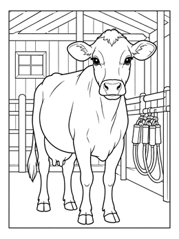 A gentle Jersey cow coloring page standing inside a rustic wooden milking barn.