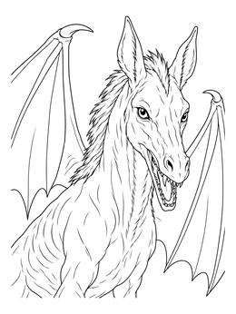 A detailed cryptid coloring page featuring the Jersey Devil with bat wings and sharp teeth.