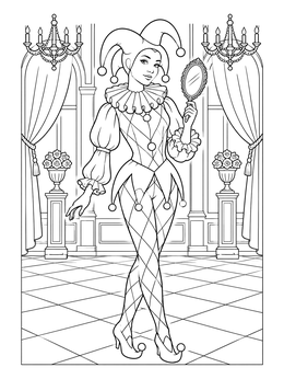 An elegant female jester coloring page featuring a harlequin holding a mirror in a ballroom.