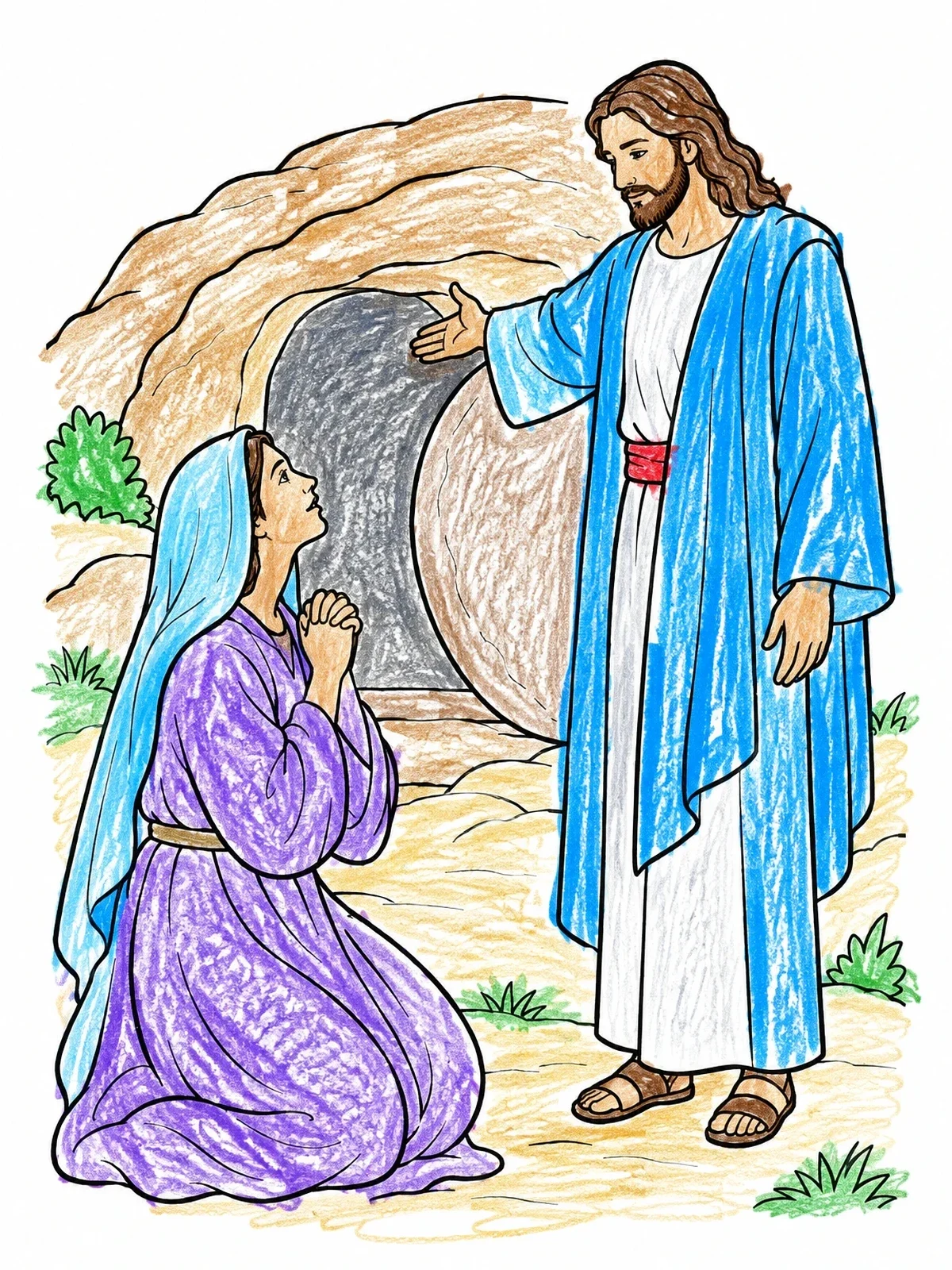 Colored example of the Jesus And Mary Outside The Tomb coloring page