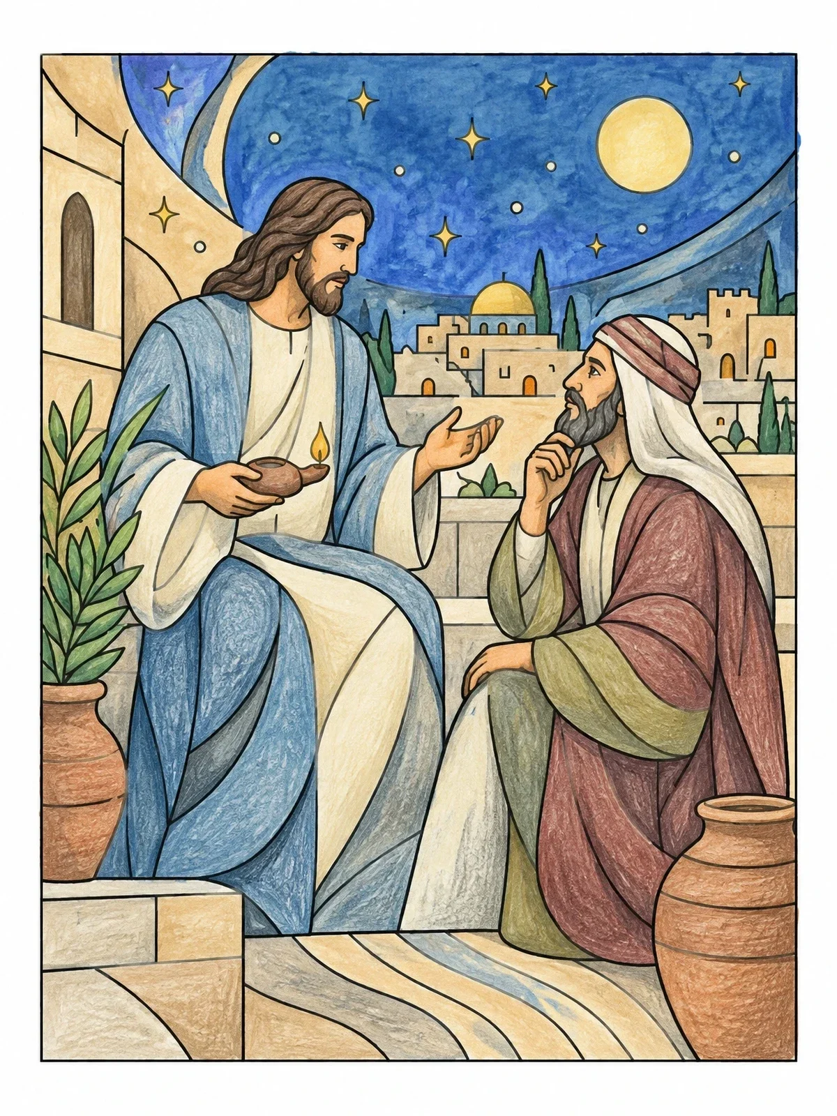 Colored example of the Jesus Speaking With Nicodemus At Night coloring page