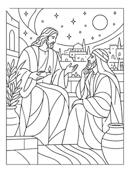 A serene jesus coloring page showing Christ holding a small lamp while conversing with Nicodemus at night.