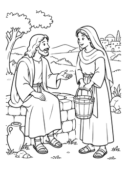 Free printable Jesus Talking To Samaritan Woman coloring page