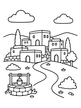 Free printable Ancient Hillside Village With Well coloring page