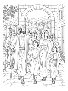 A detailed jesus and the samaritan woman at the well coloring page showing villagers walking through an ancient archway.