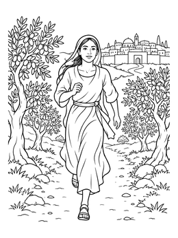 A joyful jesus and the samaritan woman at the well coloring page showing the woman running past olive trees.