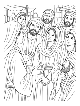 A crowd gathers in this jesus and the samaritan woman at the well coloring page as she speaks to them.