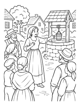 A jesus and the samaritan woman at the well coloring page showing the woman talking to villagers near a well.