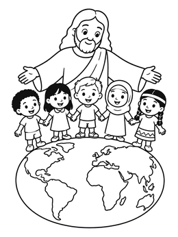 A cheerful jesus loves the children coloring page featuring kids holding hands atop planet Earth.