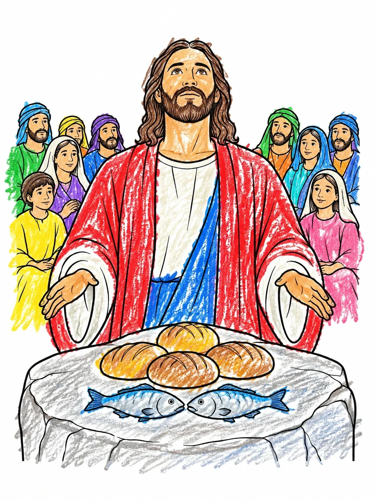Colored example of the Jesus Blessing The Loaves And Fish coloring page